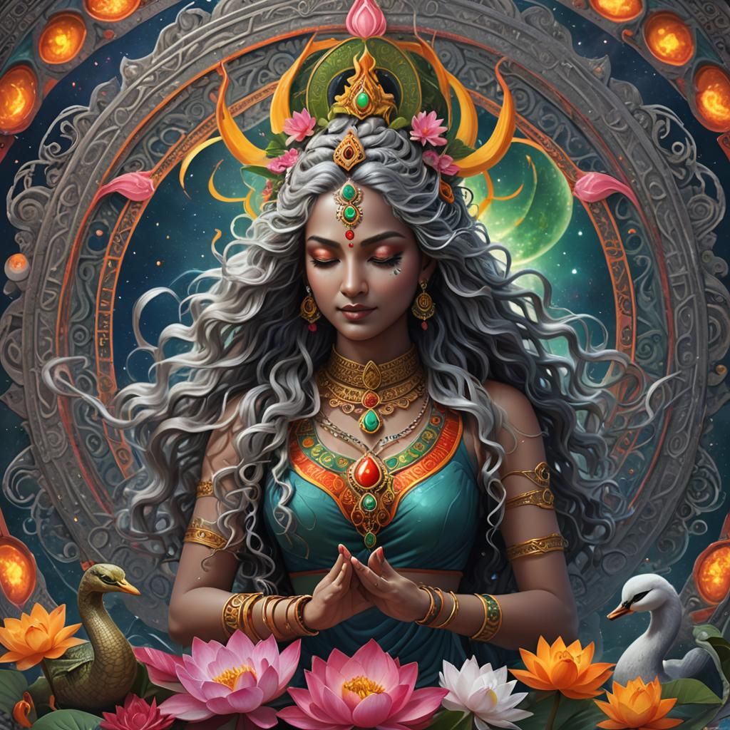 Cosmic Hindu Goddess with Snakes and Lunar Elements