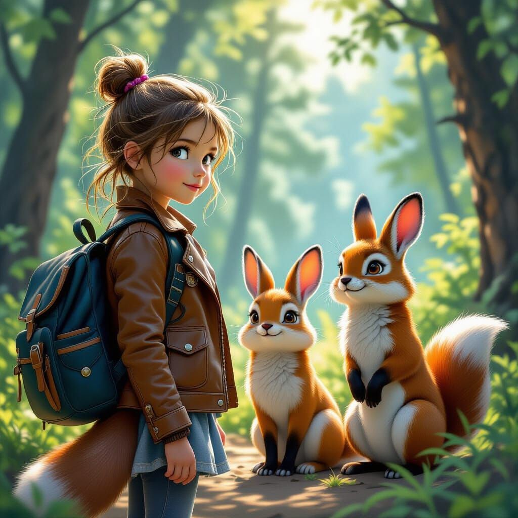 Adventurous Girl and Animals in Hyperrealistic Forest