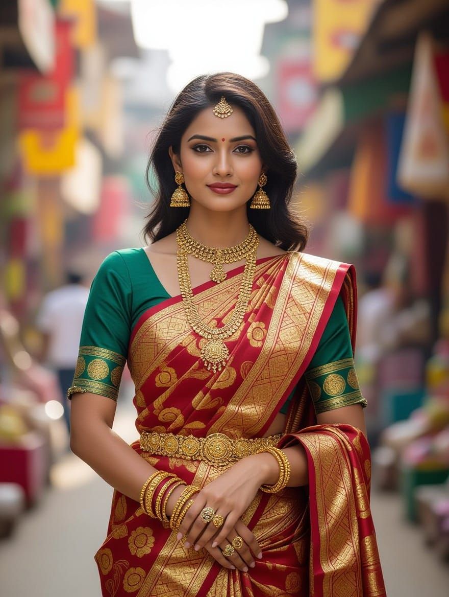 Traditional Indian Woman in Vibrant Market Scene
