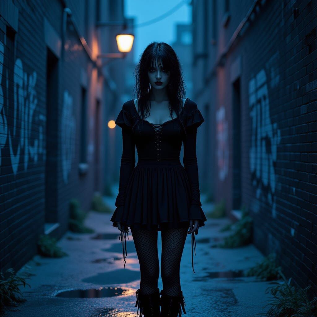 Gothic Girl in Rain-Slicked Alleyway