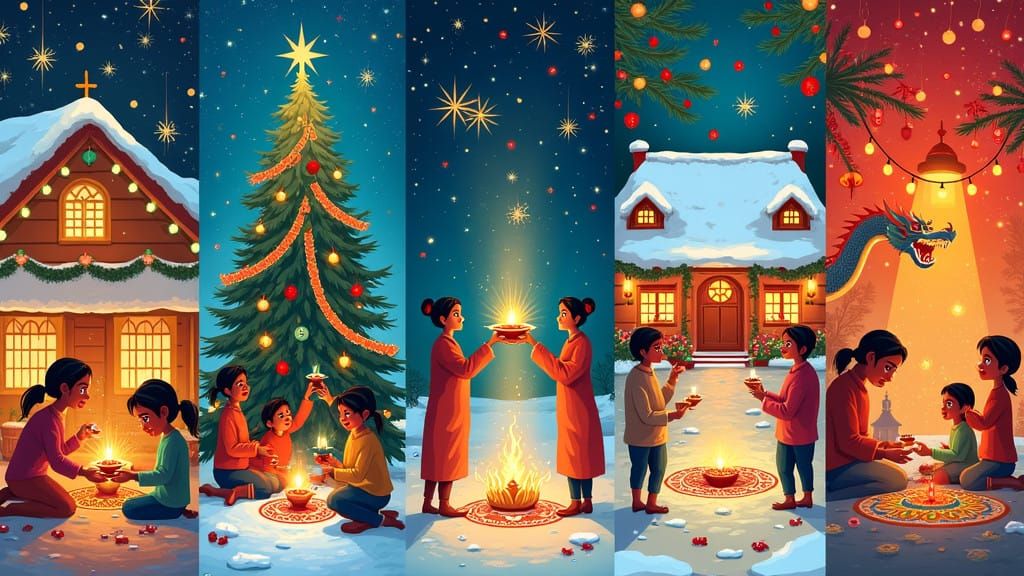 Vibrant Holiday Scenes in Folk-Art Style