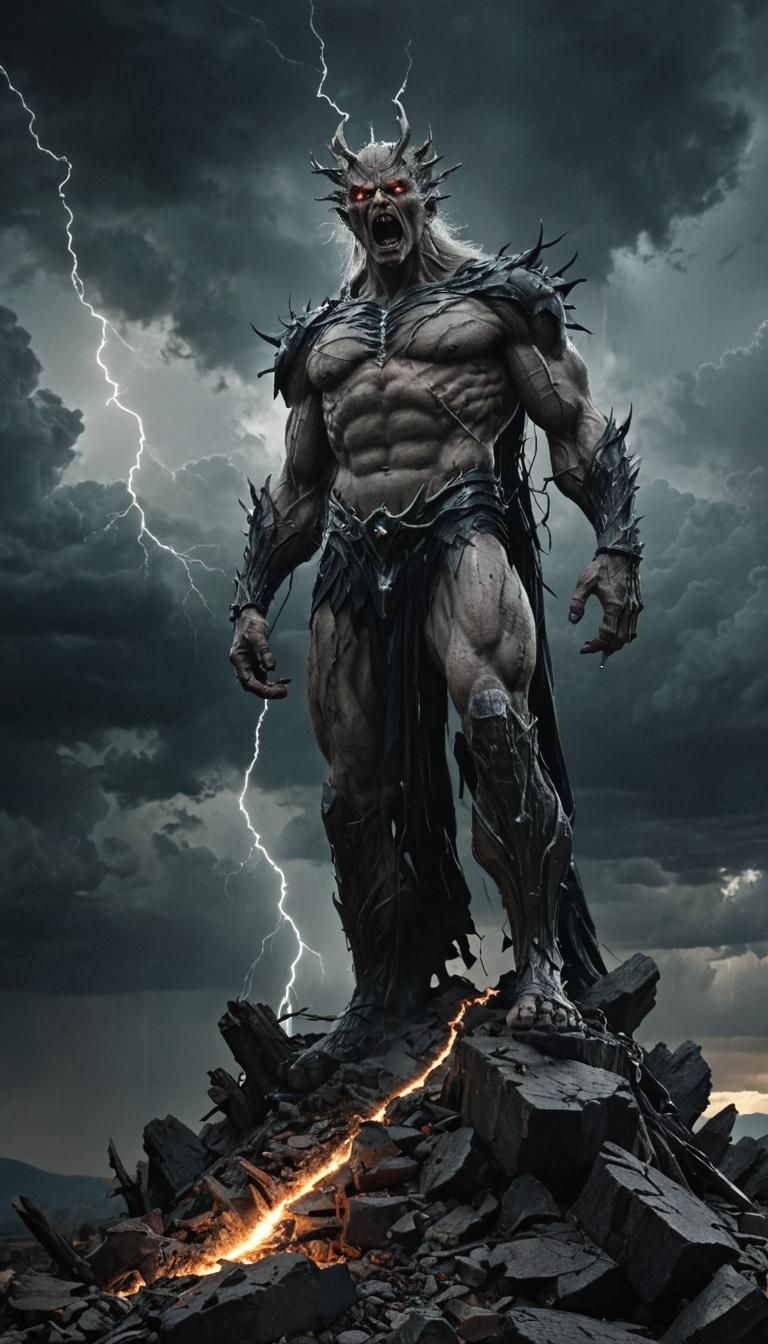 Wrathful God of Celestial Energy in Apocalyptic Landscape