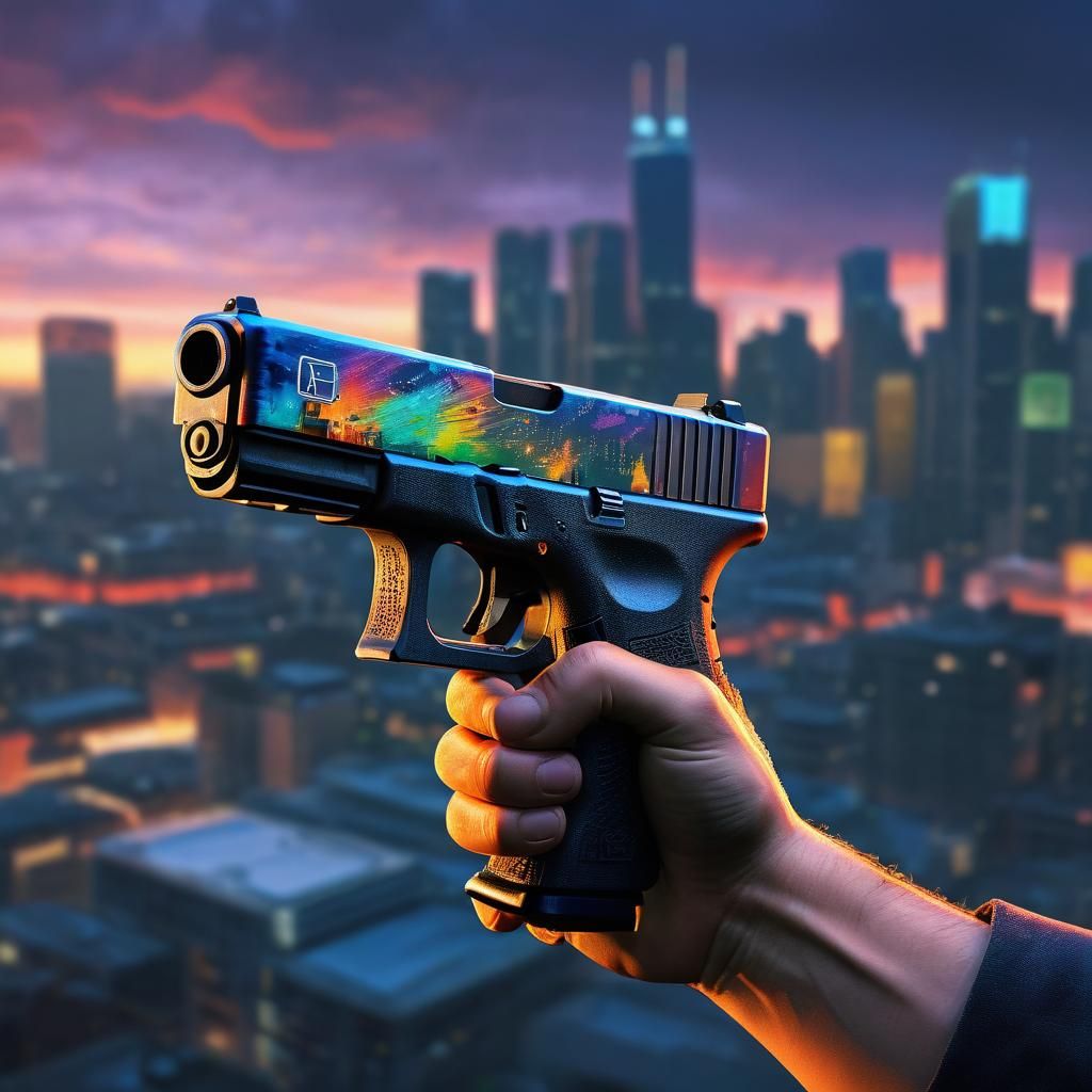 Hyper-Realistic Anime Glock Gun Scene at Dusk