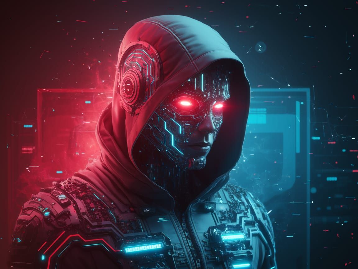 Glowing Cyberpunk Humanoid in a Hooded Future