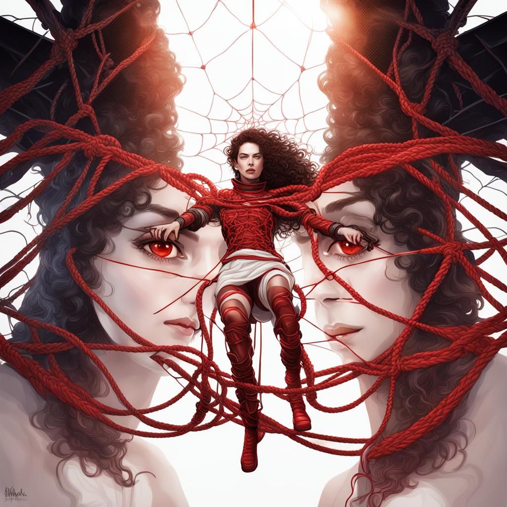 Intricate Red Shibari Harness Portrait in Digital Art Style