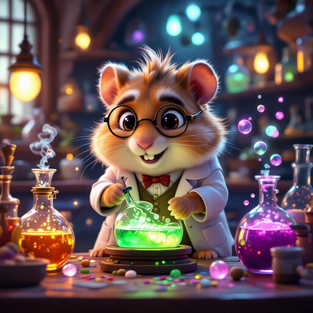 Hamster Chemist in Cozy Pixar-Style Apothecary