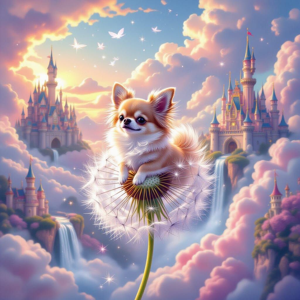 Pink Chihuahua's Dreamy Flight Past Rainbow Waterfalls