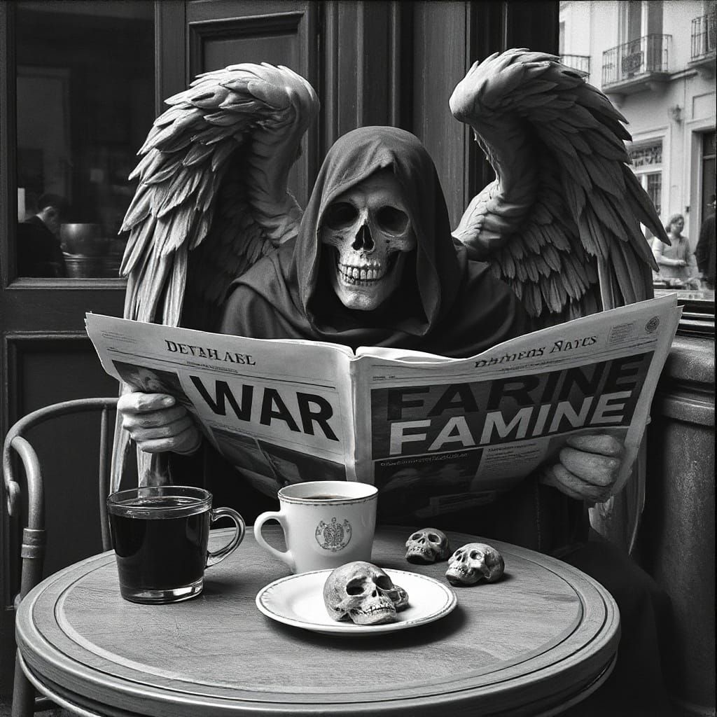 The Angel of Death Sips Dark Coffee in a Haunting Cafe Scene