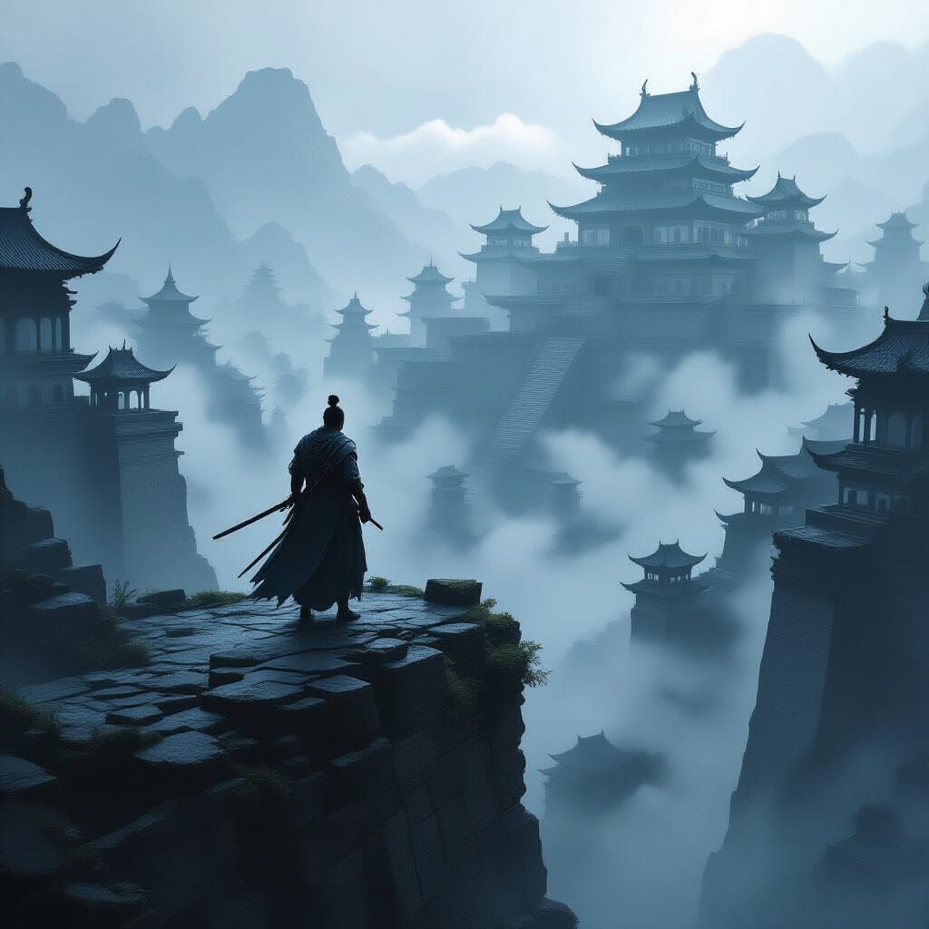 Samurai Warrior Overlooking Misty Ancient City