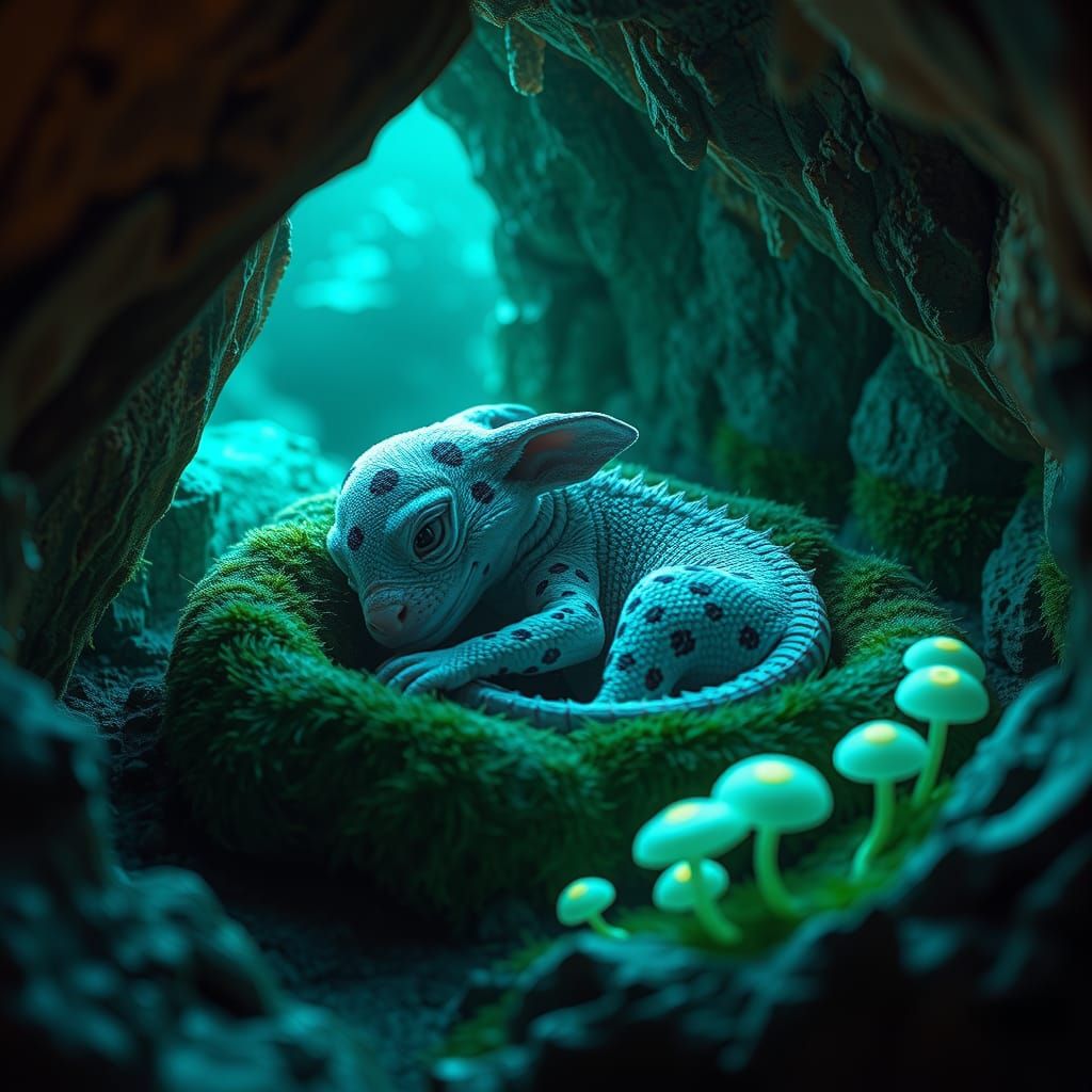 Dalmatian Dragon Puppy in Mystical Cavern, Photorealistic 8K