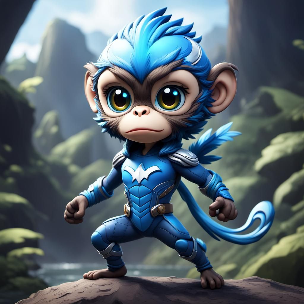 Chibi Monkey Blue Jay Superhero in Detailed Painting