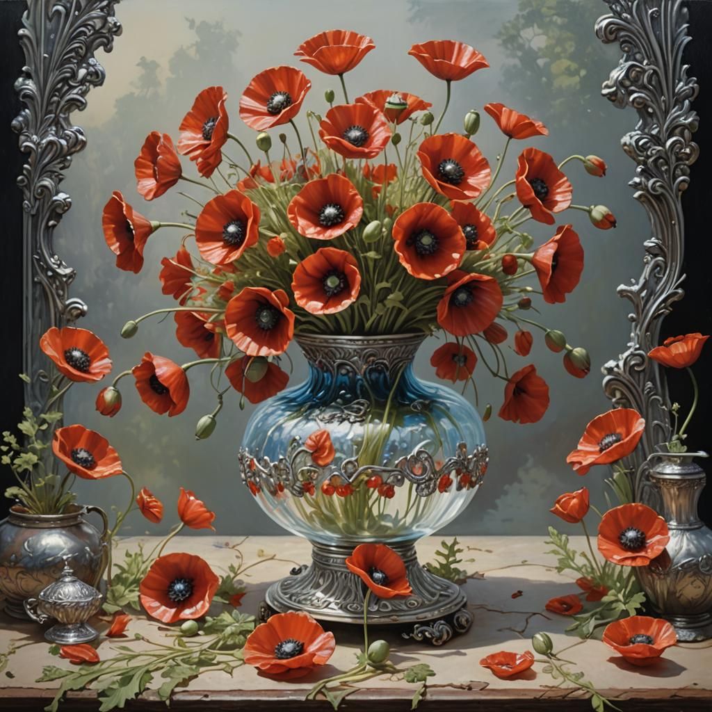 Glass Poppies Figurine in Ornate Vase, Oil Painting Style