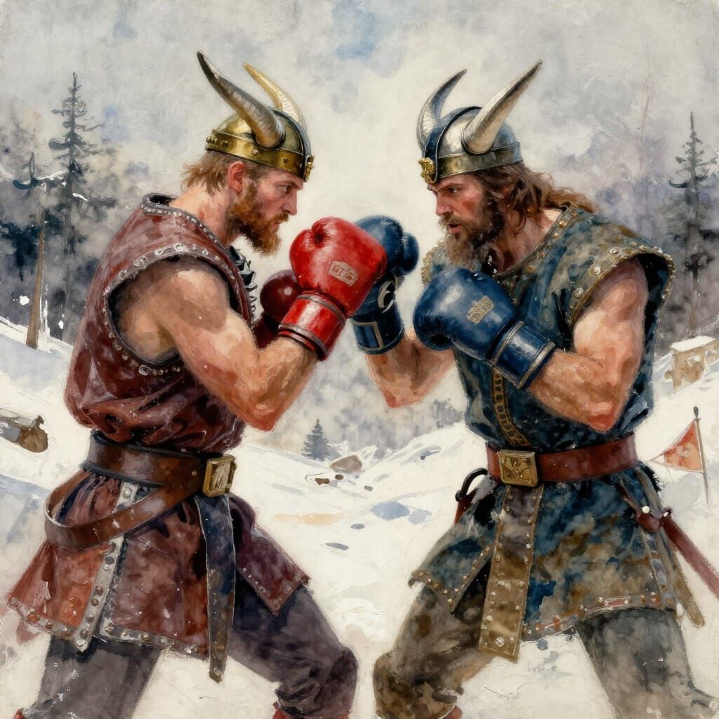 Vikings Boxing in Winter Landscape Watercolor Masterpiece