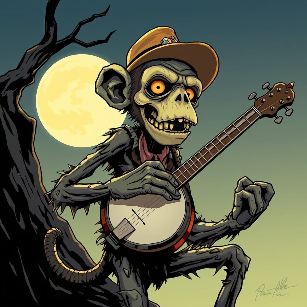 Surreal Cartoon Zombie Plays Banjo under a Bright Moon