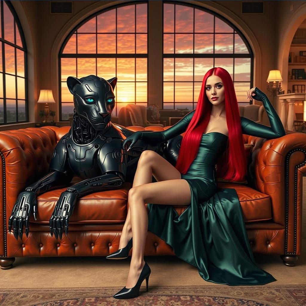 Sunset in an Expensive Mansion: Woman and Robotic Panther