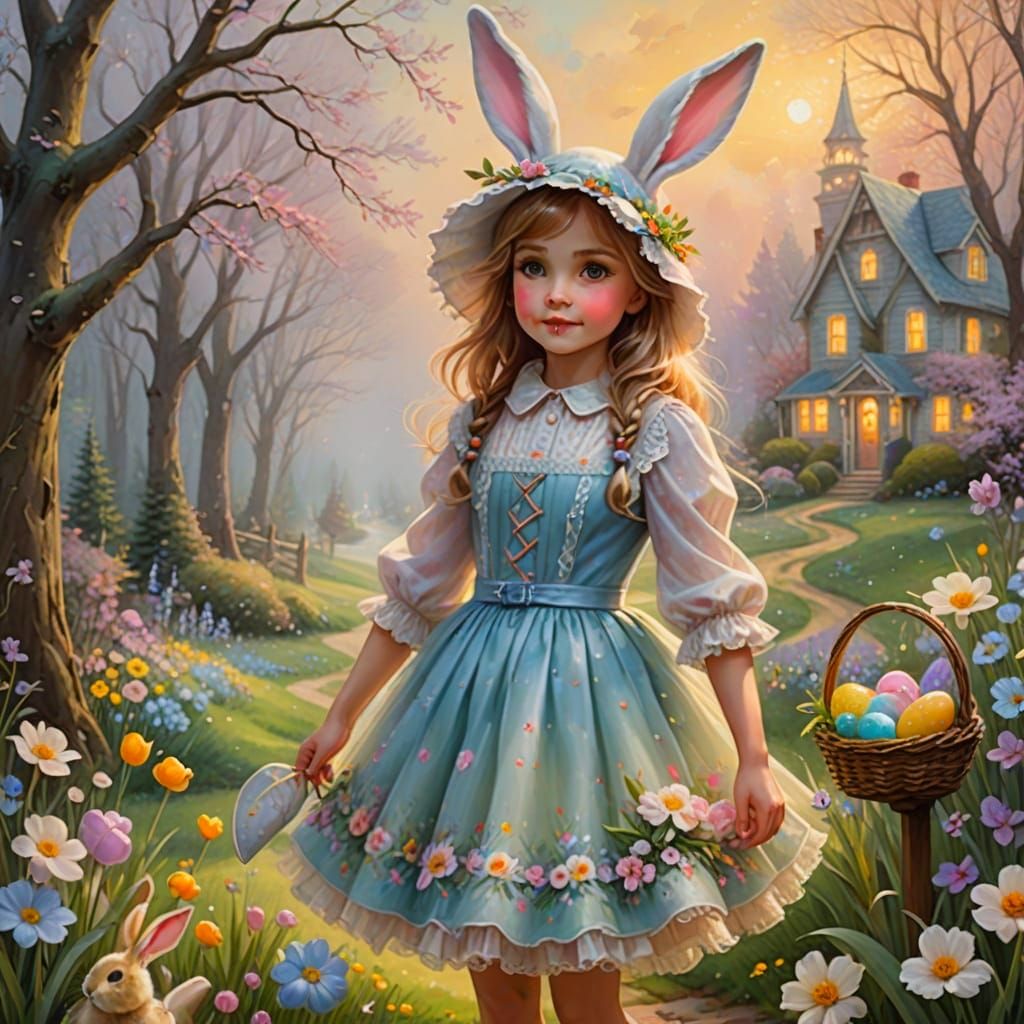 Whimsical Easter Bunny in Enchanted Garden