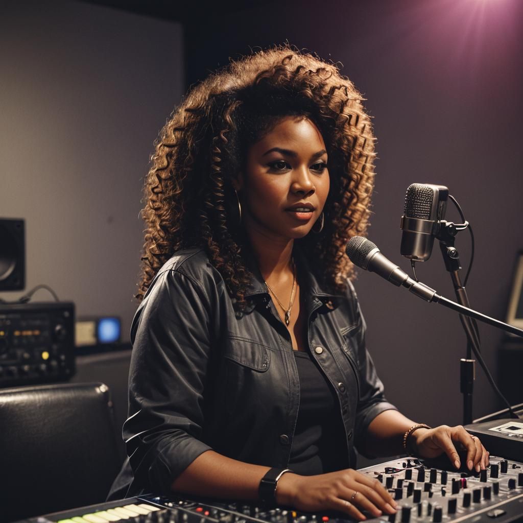 Black Woman DJ in Radio Studio: Cinematic Portrait