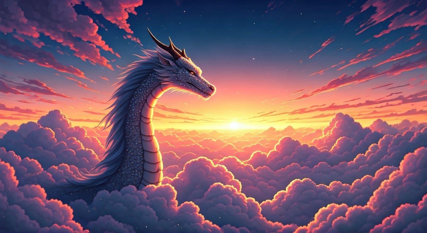 Majestic Cloud Dragon Sunset: Ethereal Dreamscape