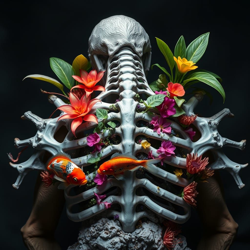 Detailed Ribcage with Tropical Plants and Aquatic Life