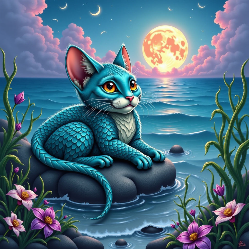 Scaled Cat Lounging Under Moonlight in Dreamy Surrealism