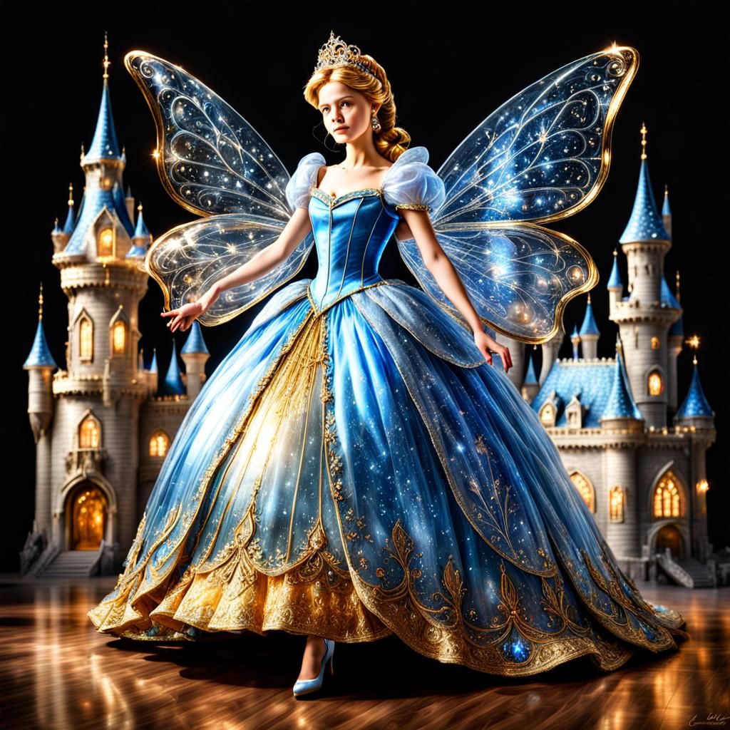 Hyperrealistic Cinderella in a Golden Fairy Tale