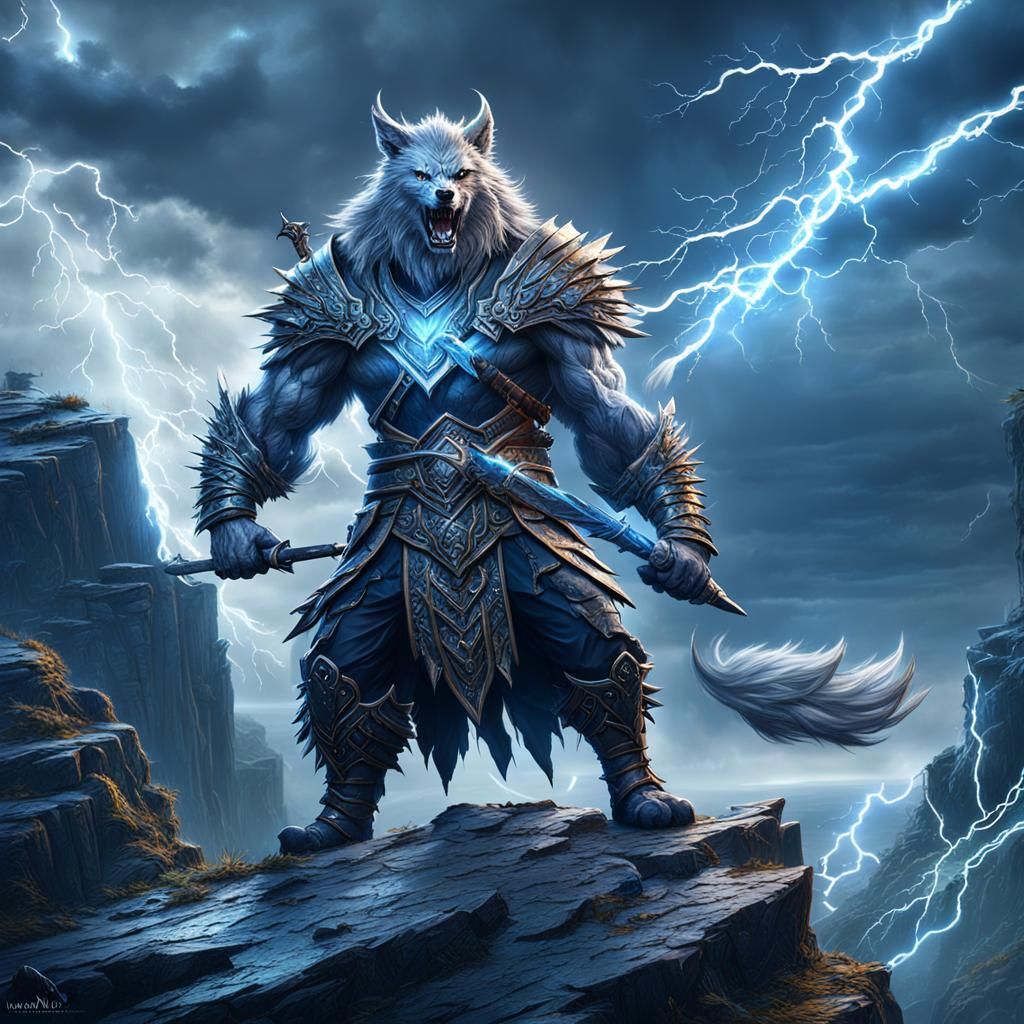 Werewolf Hunter with Lightning Spear in Storm