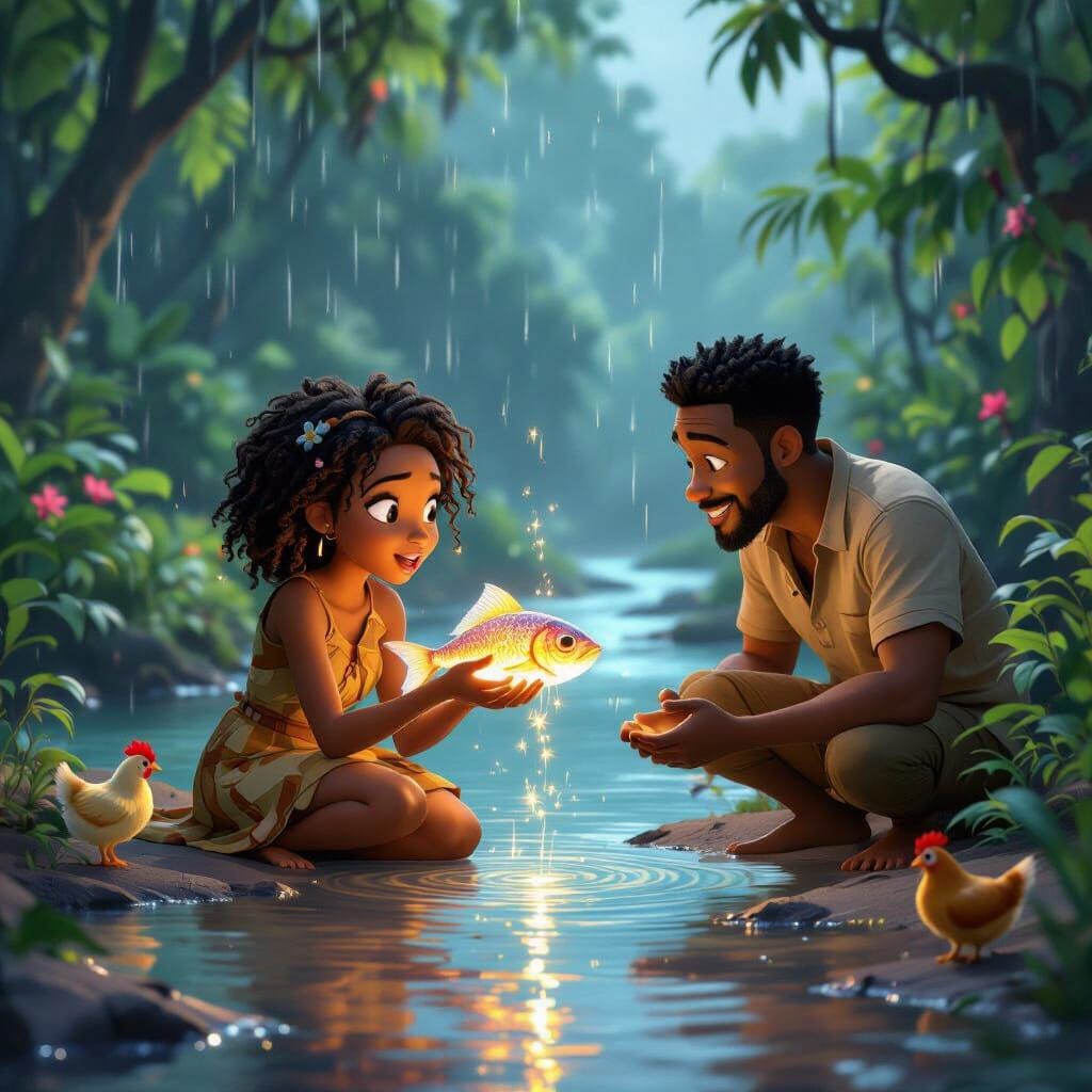 Pixar Style Scene: Amahle Discovers Magical Luminous Fish