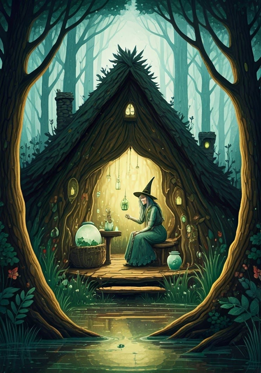 Whimsical Woodland Witch Tends to Magical Swamp