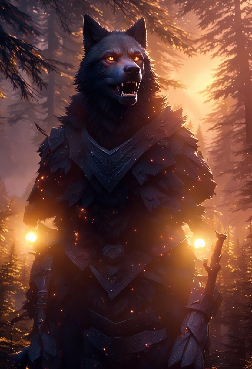 Roaring Black Wolf in Mystical Forest at Sunset