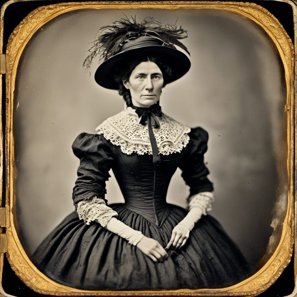 1800s Woman in Newspaper Hat, Daguerreotype Style