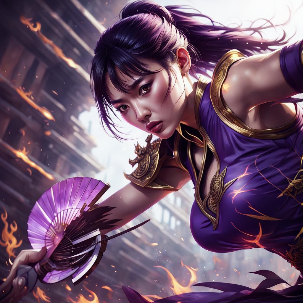 detailed pretty asian fighter holding a fan with Phoenix flame, wearing a purple cheongsam, epic battle scene, futurist...