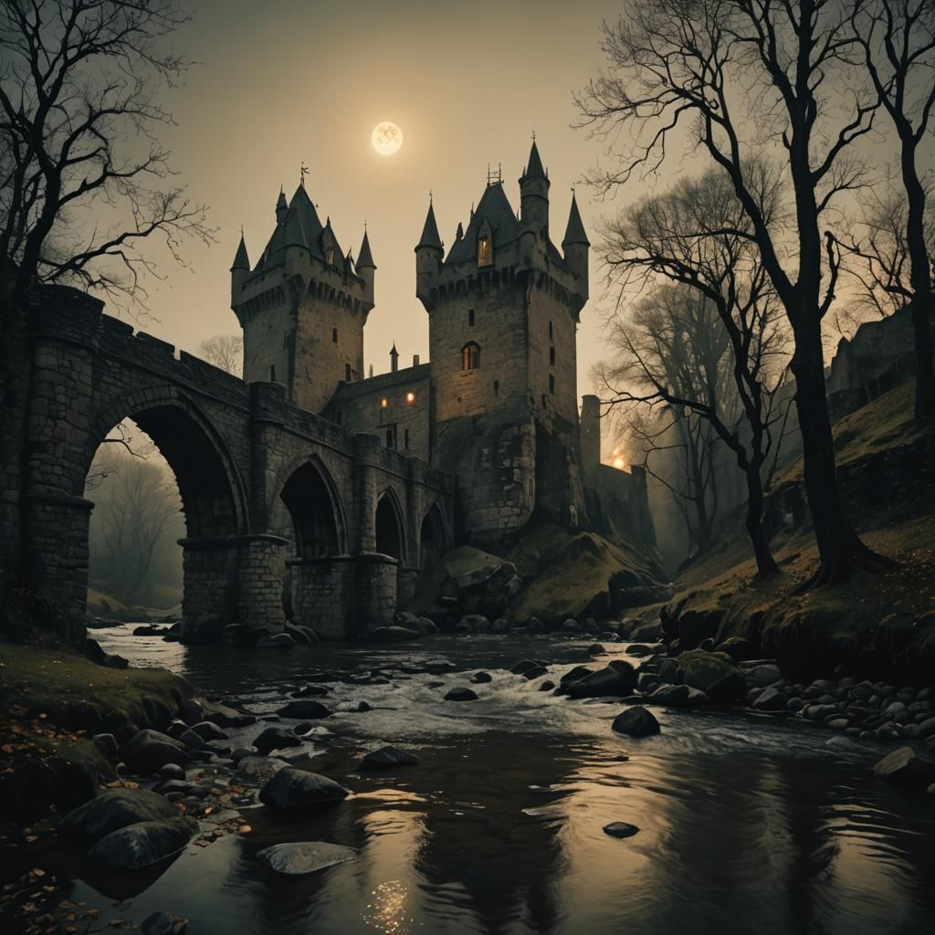 Gothic Castle and Stone Bridge in Moonlight