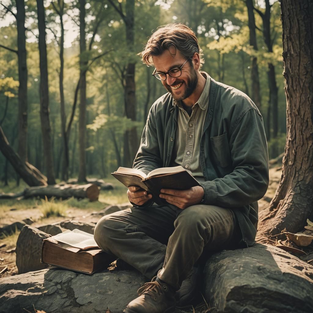 Joyful Man Reading Bible: Cinematic Film Still