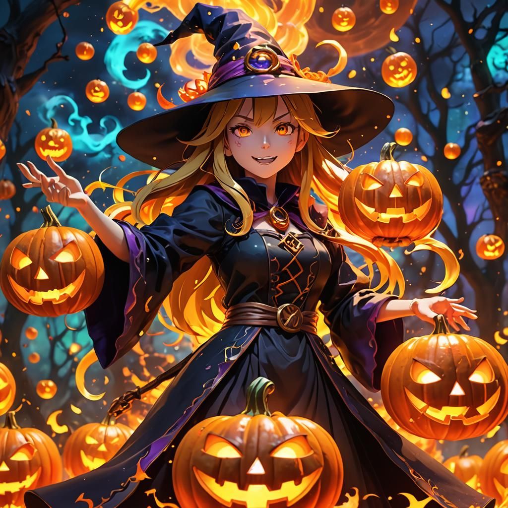 Anime Witch with Glowing Jack-o'-Lantern in 3D