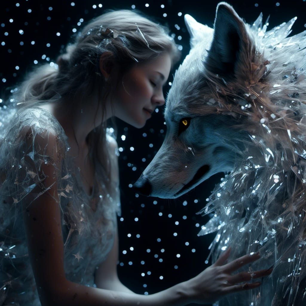 Hologram Wolf and Girl in Hyperreal Style