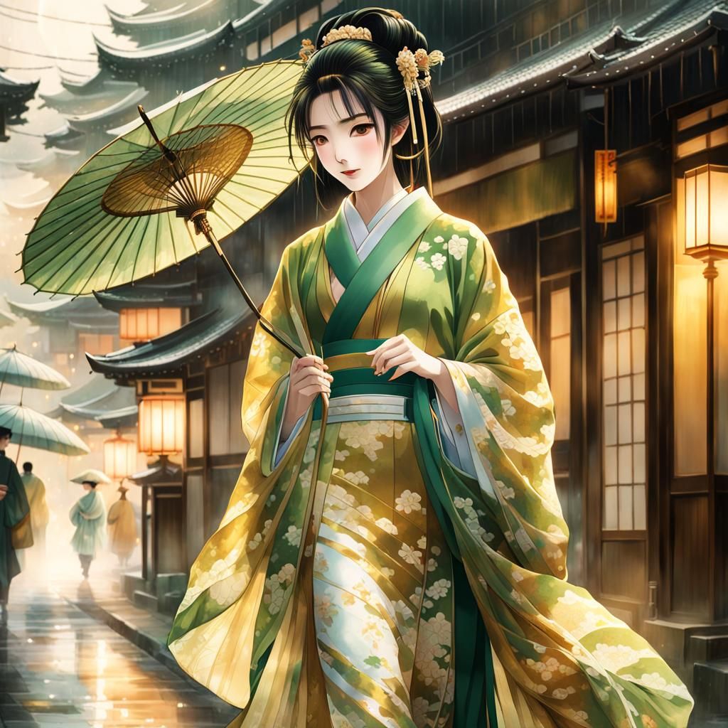 Geisha in Green Kimono on Misty Street: Anime Art