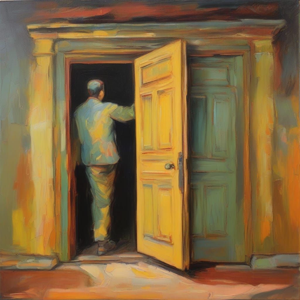 Retro Illustration of Person at Door with Expressive Brushst...