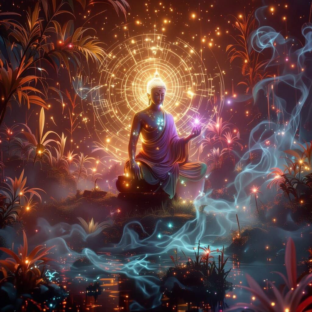 Celestial Buddha in Surreal Dark Fantasy Swamp