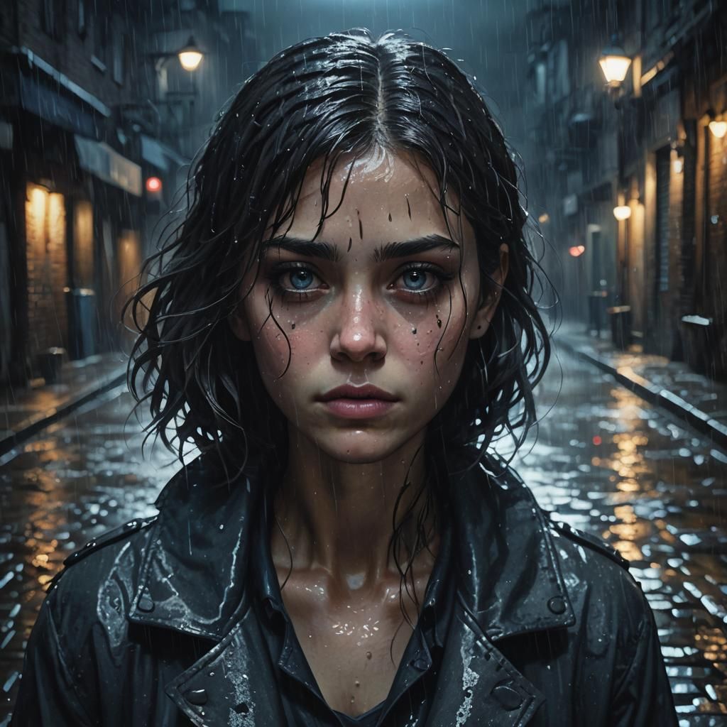 Melancholic Portrait in Rainy Alleyway as Oil Painting