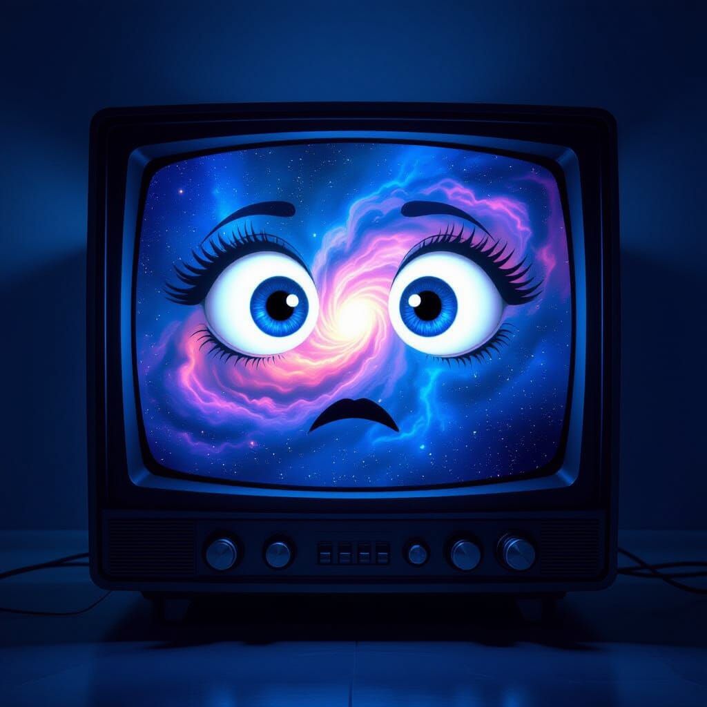 Retro TV Shows Cosmic Nebula Eyes in Dim Room