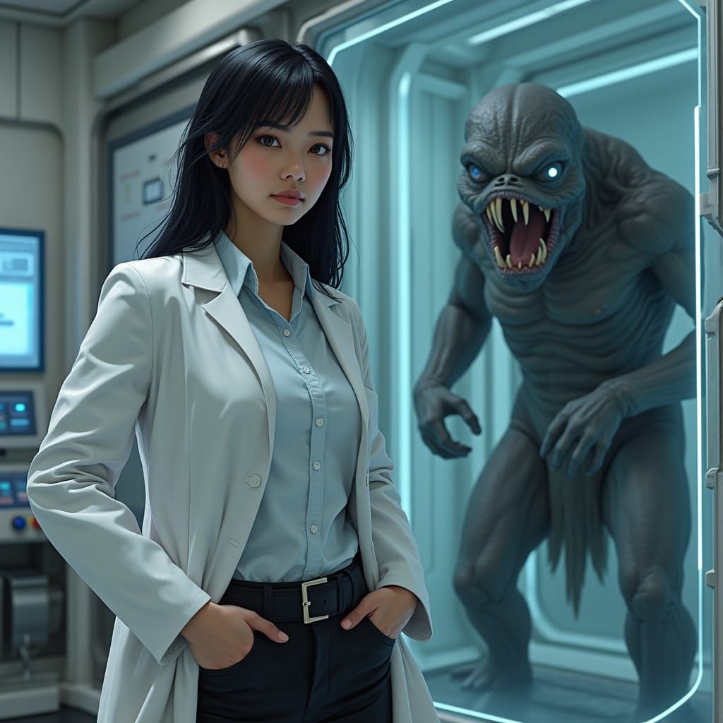 Asian Woman Scientist in High-Tech Lab with Menacing Creatur...