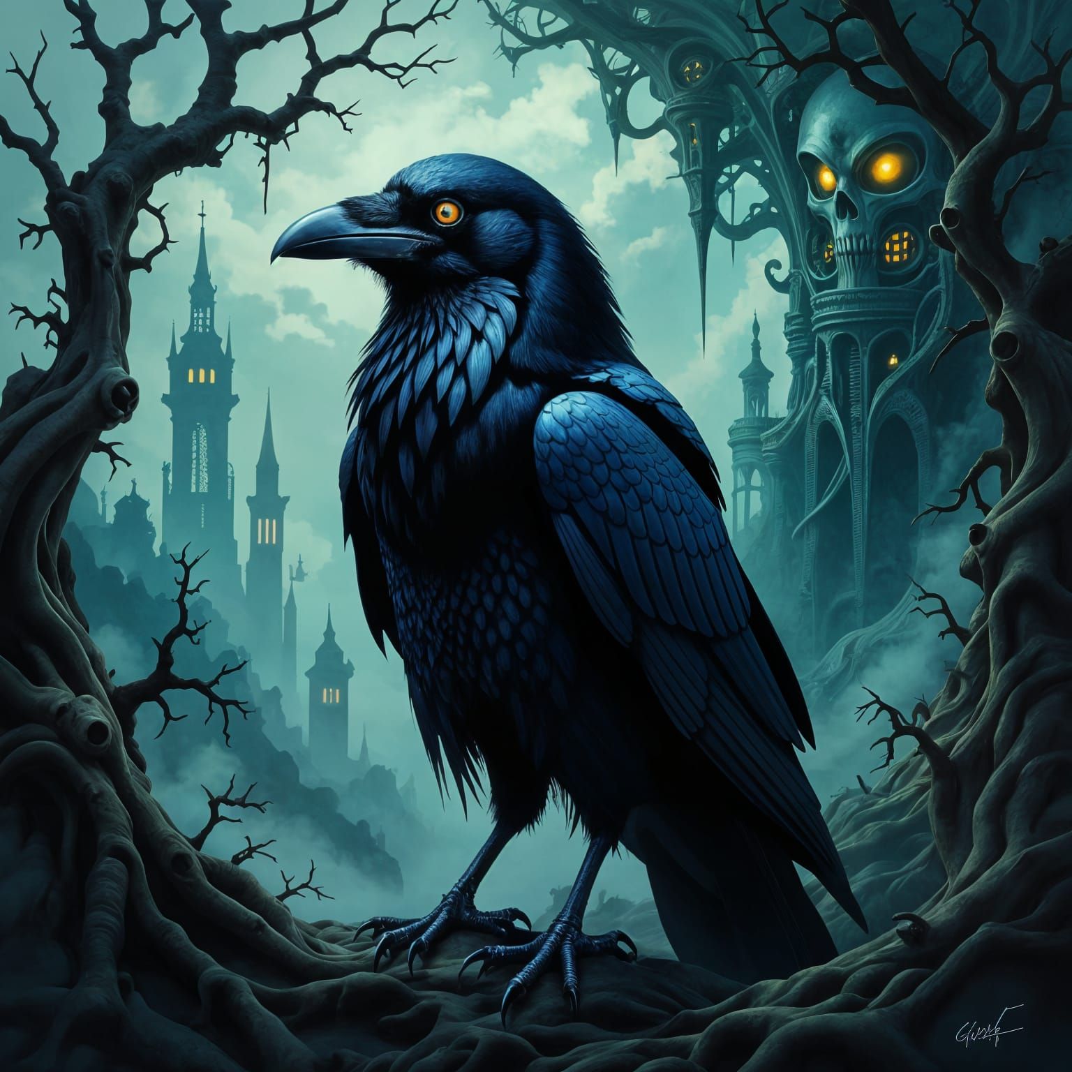 Biomechanical Raven in Surreal Giger-Inspired Landscape