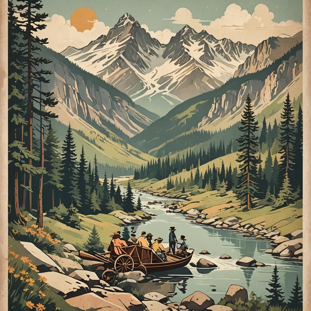 Vintage Mountain Getaway Poster Illustration