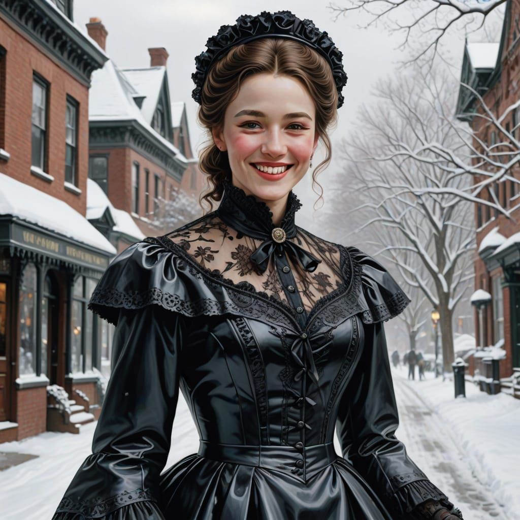 Hyperrealistic Woman in Vinyl Victorian Dress in Snow