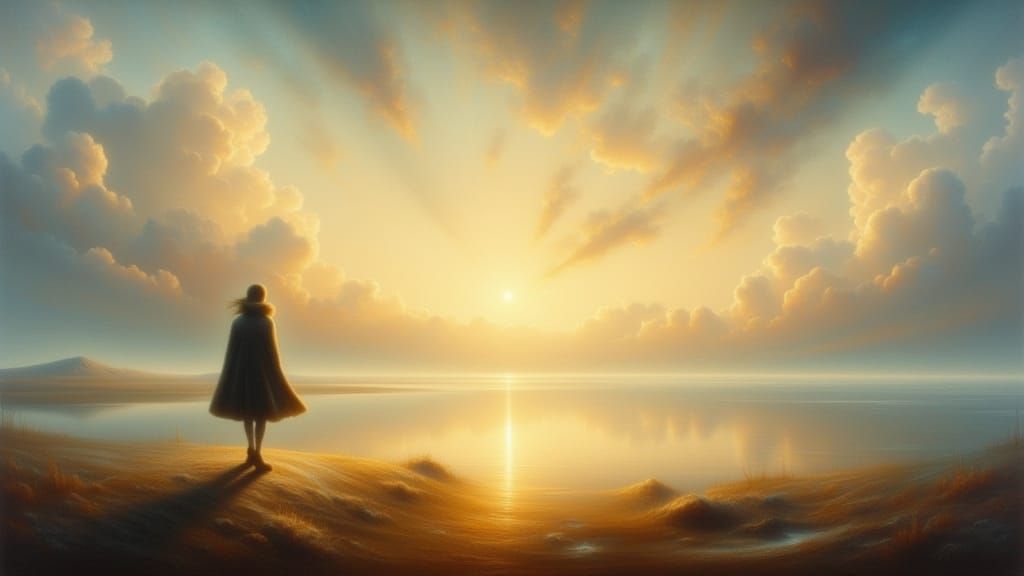 Solitary Figure on Shoreline in Luminous Romantic Style