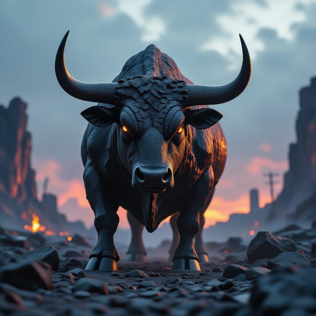 Majestic Stone and Lava Bull in Dystopian Landscape