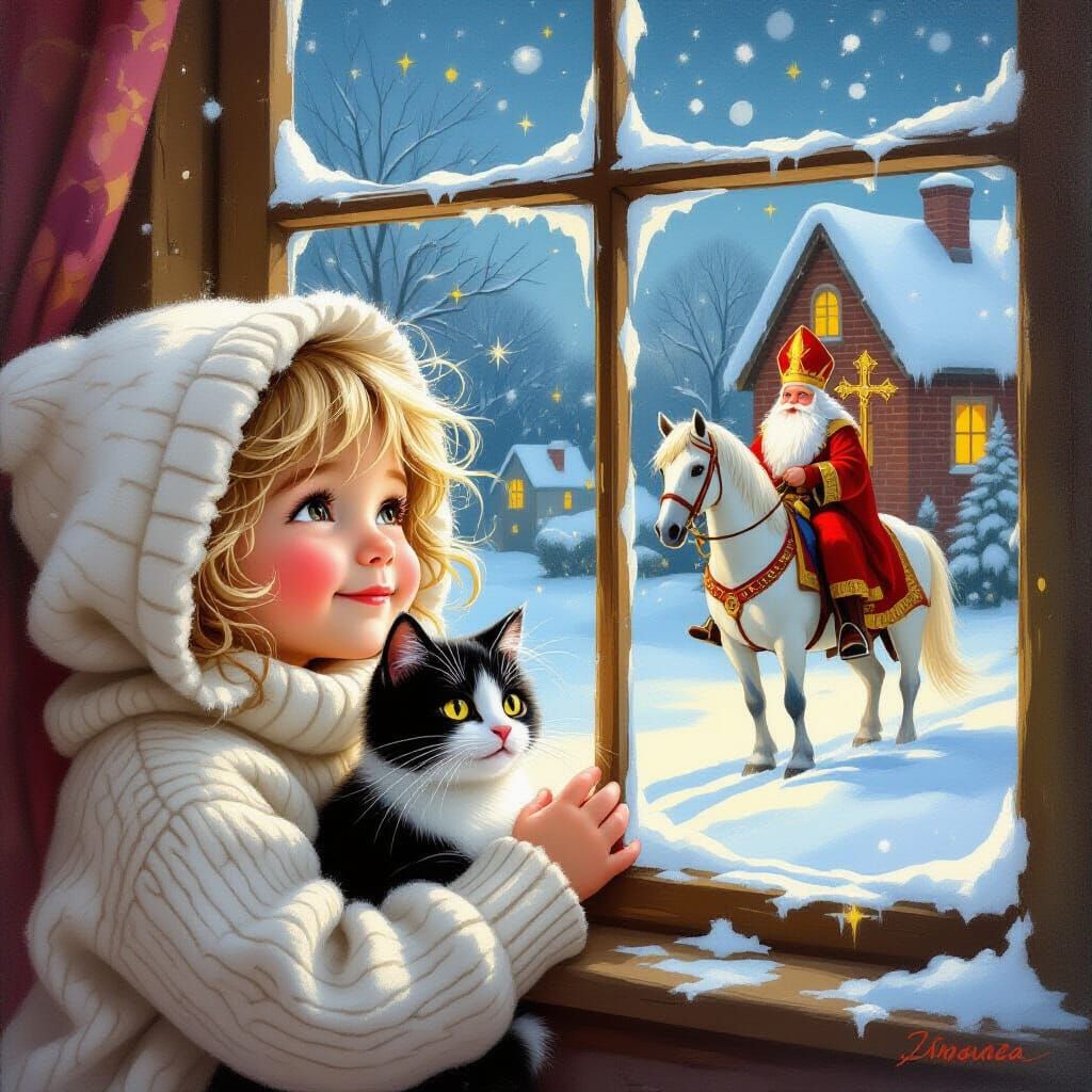 Joyful Child and Cat by Snowy Window in Storybook Style