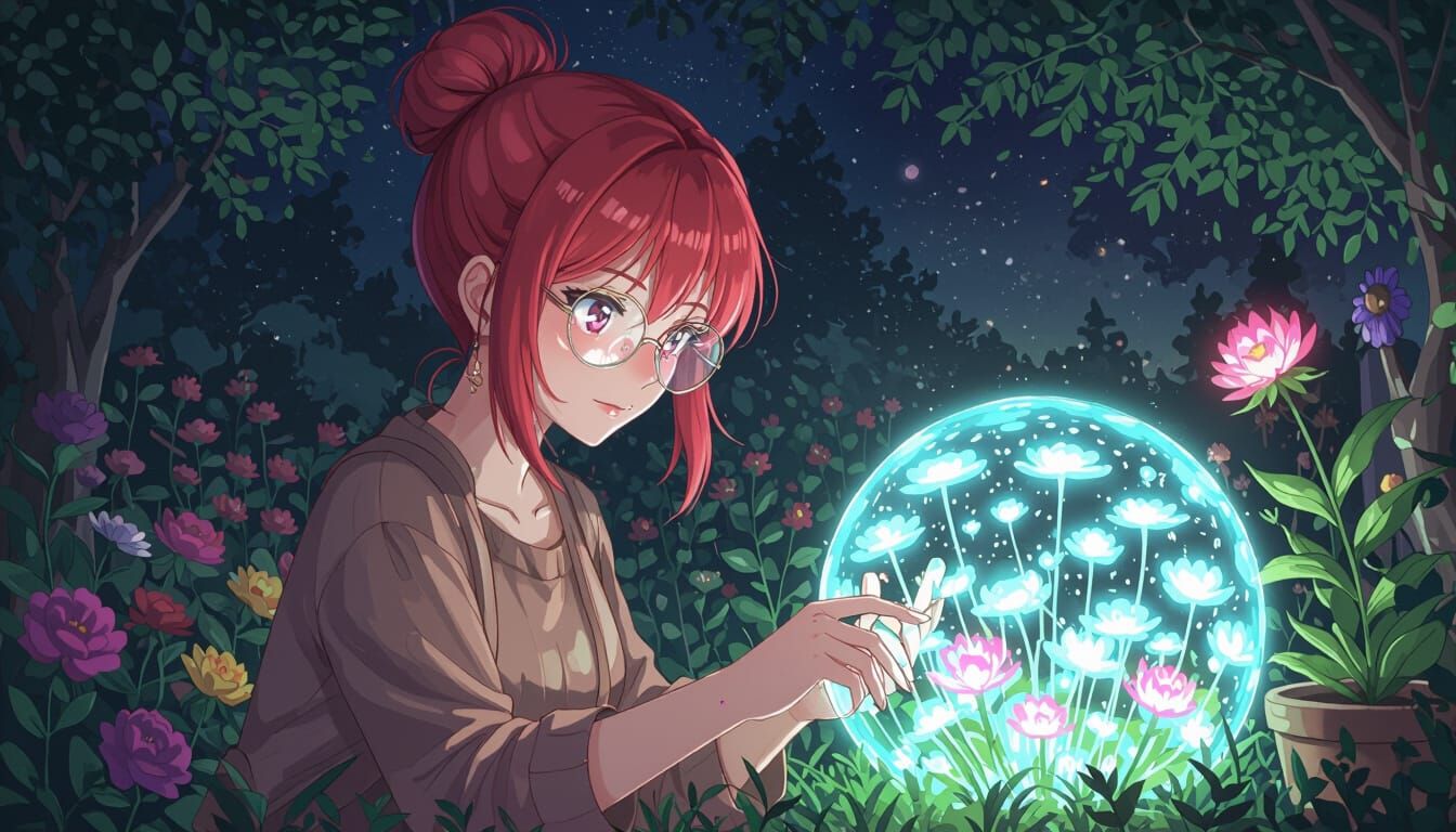 Anime Woman Inspects Luminescent Garden