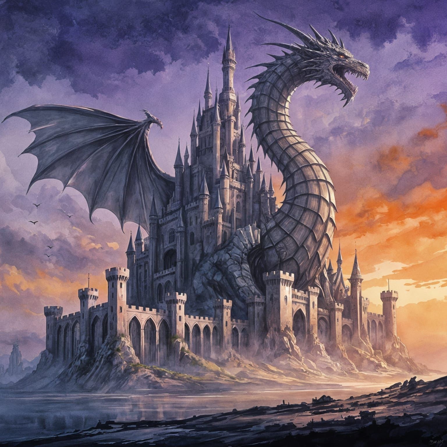 Dragon Castle Fantasy Landscape Watercolor Painting
