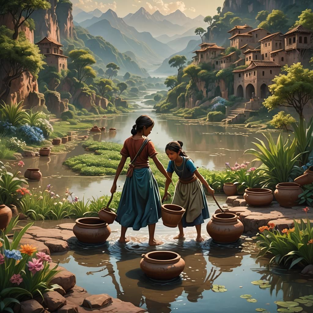 Girls Fetching Water in Dreamlike Fantasy Landscape